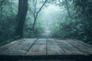 Misty Forest Path Wooden Table Background Image