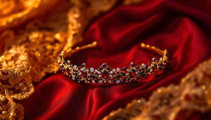 A radiant ruby-studded tiara surrounded by shimmering gemstones, set against a deep crimson background with golden accents