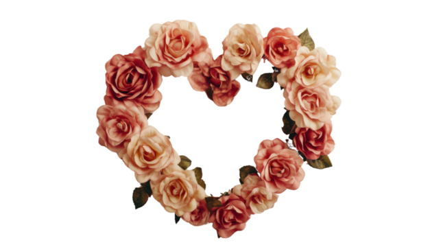 Heart shape frame layout with roses on transparent background 