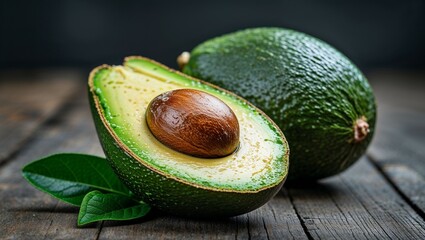 A ripe green avocado cut in half displays its seed on a rustic wooden surface