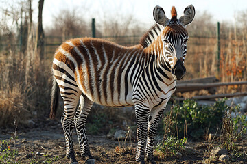 Obraz premium A zebra in its natural habitat with bold focus on its iconic black and white stripes.