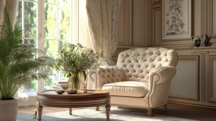 Sunlight Streams Through A Window, Illuminating A Luxurious, Cream-Colored Armchair And A Wooden Coffee Table In A Beautifully Decorated Room