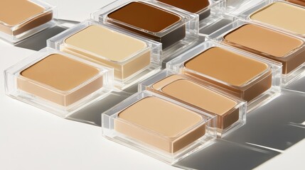 A set of glowing, dewy-finish cream foundations in transparent cases.