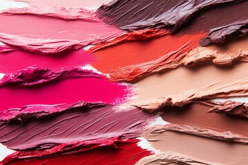 Big amount of fresh lipstick smears of different colors. Detailed photo textured background