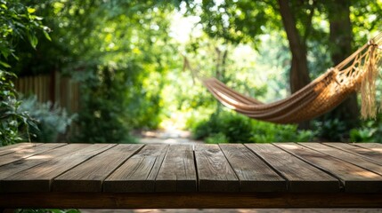 Relaxing Hammock in Lush Green Garden Peaceful Wooden Table