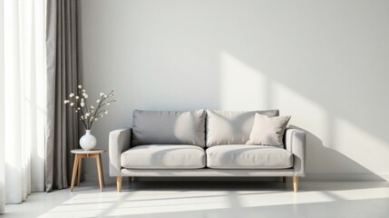 Fototapeta premium Modern minimalist living room interior design featuring a light grey sofa, side table with vase, and sheer curtains.