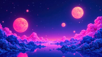 Surreal Dreamscape Pink and Blue Celestial Clouds Reflecting on a Calm, Ethereal Lake Under a Night Sky Adorned with Luminous Moons and Stars