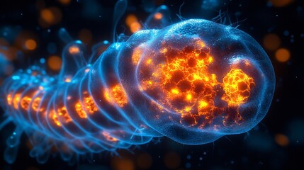 Glowing autophagosome engulfing damaged organelles visualizing the process of autophagy and cellular recycling