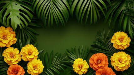 Marigold flowers yellow tropical concept. A vibrant arrangement of yellow and orange flowers surrounded by lush green leaves, creating a lively and fresh botanical frame.