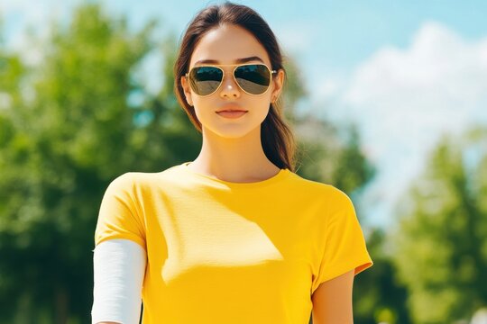 Young woman with arm cast walking confidently in sunny park wearing sunglasses, highlighting resilience and positivity amidst recovery efforts
