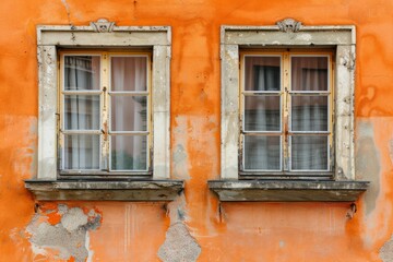 Obraz premium Orange concrete wall with two old wooden windows in european city. Detailed photo textured background