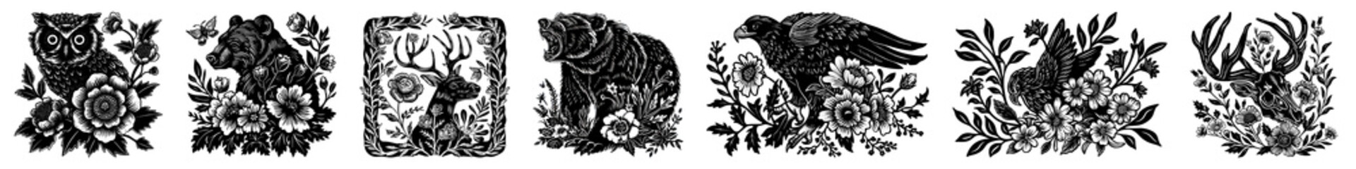 Obraz premium PNG Intricate nature-inspired silhouette designs on transparent background