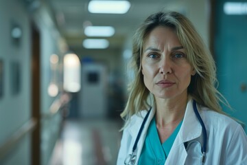 Mature female doctor in hospital corridor. Neural network AI generated