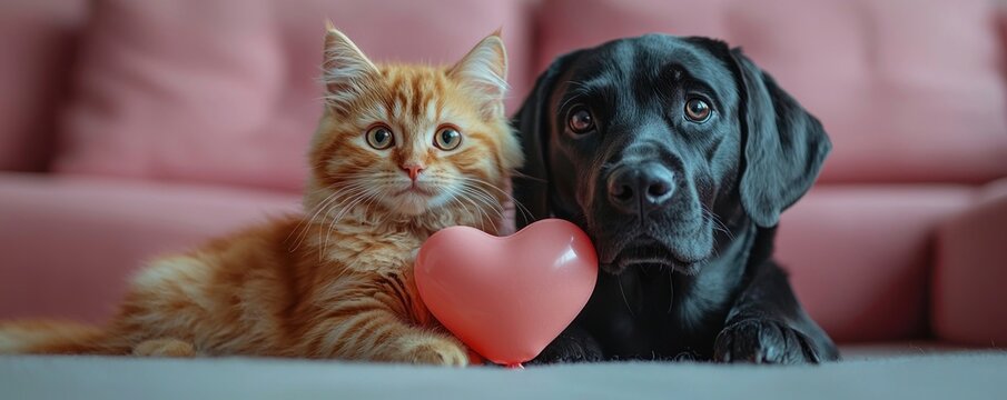 Cute orange kitten and black dog lying together with a pink heart-shaped object on a soft background Generative AI