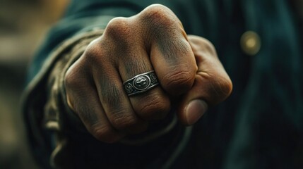A close-up shot of a clenched fist with a detailed ring, showing signs of work or wear