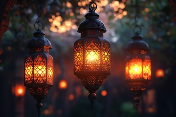 Three Ornate Lanterns Glowing Warmly in a Twilight Garden Setting


