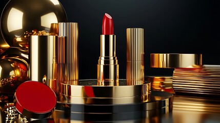 Luxury gold lipstick display on a dark background with gold spheres
