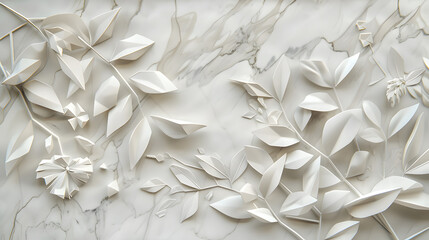 Obraz premium A three-dimensional marble texture featuring intricate geometric floral leaves in elegant white tones, generative ai