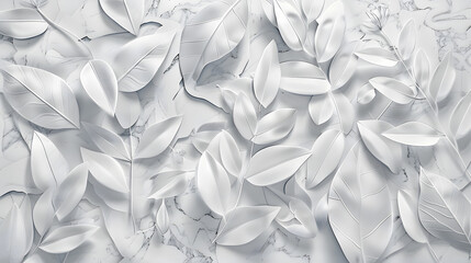 A three-dimensional marble texture featuring intricate geometric floral leaves in elegant white tones, generative ai