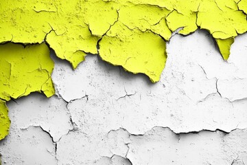 Obraz premium Old wall with cracked paint in bright yellow and white reveals texture and deterioration over time