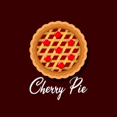 National Cherry Pie Day to celebrate on February 20th. Delicious cherry pie cake with cherry topping on dark maroon background. Food event banner.