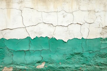 Obraz premium Cracked wall with peeling paint in green and white colors displaying aging structure and texture