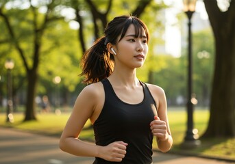 a young asian woman is running in a city park 