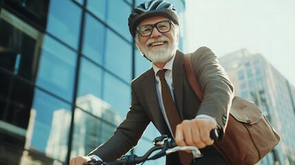 Happy senior businessman riding bicycle in city center, wearing helmet and carrying bag