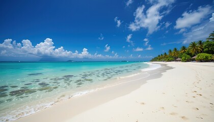Obraz premium Pristine Tropical Beach With Clear Water featuring white sand, turquoise sea, and a blue sky with scattered clouds, creating a serene and idyllic coastal scene. hd image