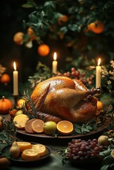 Golden Thanksgiving turkey surrounded by festive fruits, candles, and autumn foliage in a warm, rustic setting celebrating a joyful holiday atmosphere