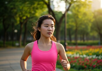 Fototapeta premium a young asian woman is running in a city park 