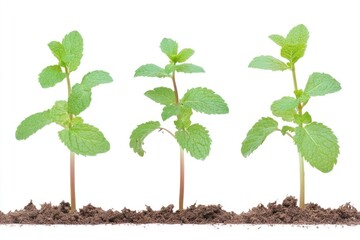 Three Young Mint Plants Growing in Soil