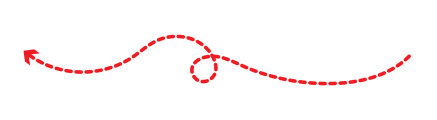 long dotted arrow icon vector illustration. Set of long Red dashed arrows on white background. Dashed lines. Direction, way or pointer. Red hand drawn wavy curve dotted arrow icon vector.
