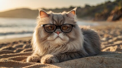 persian cat sunbathing in the morning on the beach wearing glasses