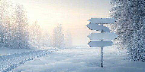 Blank directional road signs in a snowy landscape winter scene photography serene environment wide angle view navigation concept