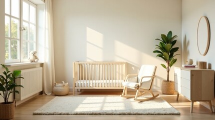 Fototapeta premium Serene Nursery Interior Design Sunlight Illuminates a Cozy Crib, Rocking Chair, and Natural Decor Elements