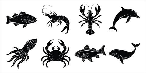 Ocean, Sea animals silhouette set. Aquatic animals life vector illustration design