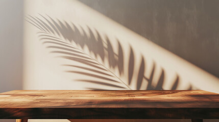 Wood table top and blurred leaves shadow wall background - can used for display or montage your products.