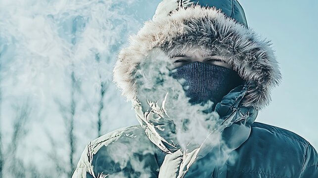A person wearing a fur coat and a scarf is smoking a cigarette