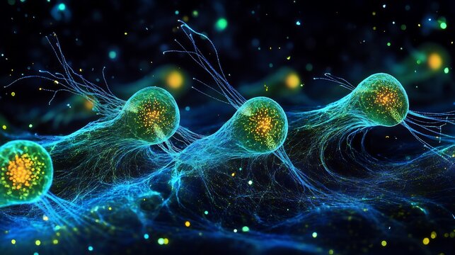 Bioluminescent cilia the surface of a cell demonstrating their coordinated movement for locomotion and fluid transport