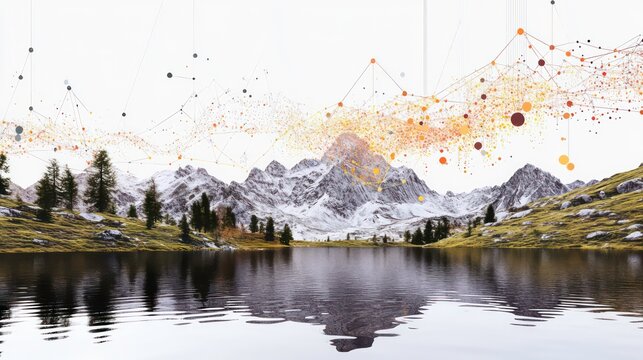Serene mountain lake reflected in calm water with overlaid network data visualization.
