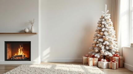 Cozy winter interior scene with a fireplace, presents, and a decorated Christmas tree