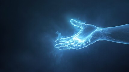 A ghost hand illuminated in faint blue light, appearing to grab at an unseen presence, floating in a dark, mist-filled space