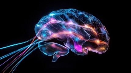 A high-tech visual of an abstract brain made of glowing circuits and holographic elements, blending science and art