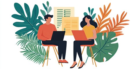 Two people work collaboratively on laptops amidst lush green plants, symbolizing productivity and teamwork in a modern workspace.