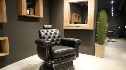 A comfortable black leather barber chair, next to a mirror with a wooden frame