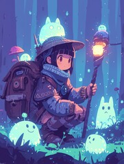Fototapeta premium Young Traveler Wanders Through Enchanted Forest With Glowing Creatures
