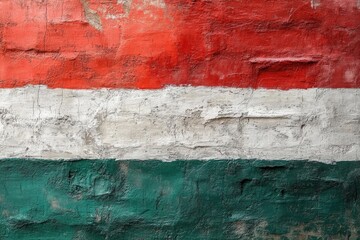 Hungarian flag colors displayed on a textured wall in an artistic representation of national pride