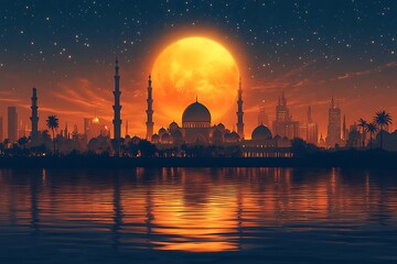 Fototapeta premium Twilight cityscape silhouette with mosques and spires against large moon and stars reflected in water