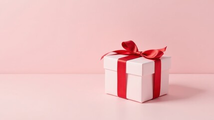 Obraz premium A delicately wrapped present, adorned with a vibrant red ribbon, sits on a soft pink surface, ready for a special occasion.